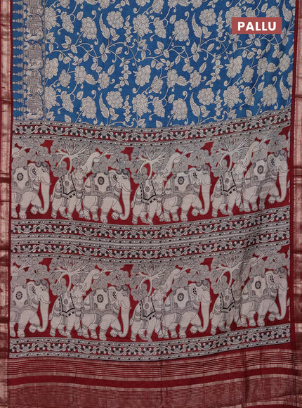 Muslin silk saree cs blue and maroon with allover kalamkari prints and zari woven border