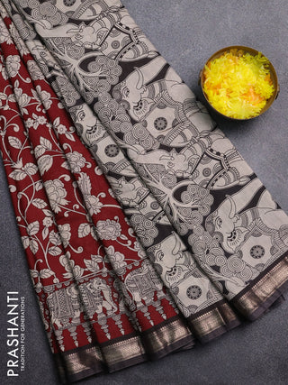 Muslin silk saree rustic maroon and coffee brown with allover kalamkari prints and zari woven border