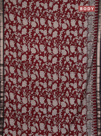 Muslin silk saree rustic maroon and coffee brown with allover kalamkari prints and zari woven border