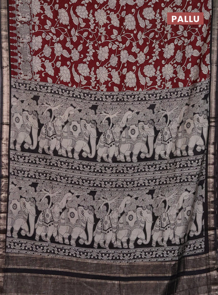 Muslin silk saree rustic maroon and coffee brown with allover kalamkari prints and zari woven border