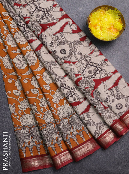 Muslin silk saree dark mustard and maroon with allover kalamkari prints and zari woven border