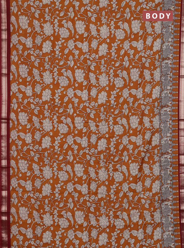Muslin silk saree dark mustard and maroon with allover kalamkari prints and zari woven border