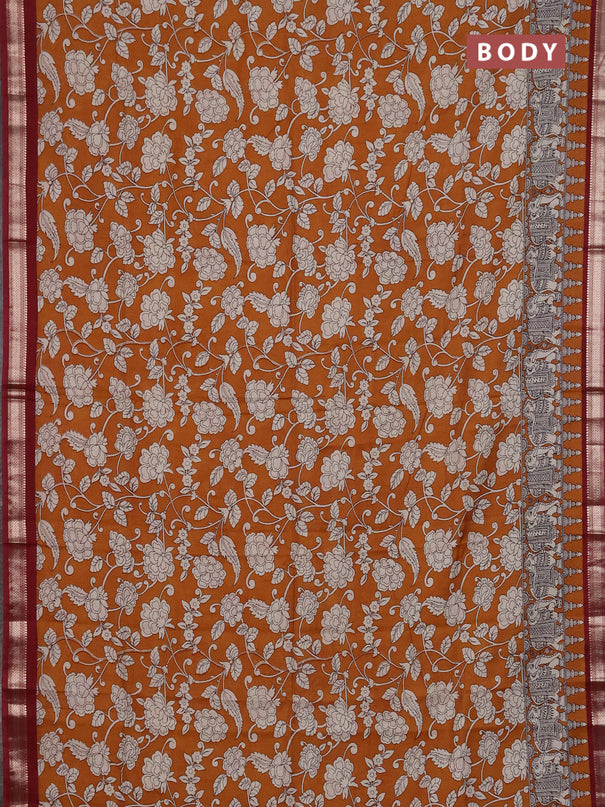 Muslin silk saree dark mustard and maroon with allover kalamkari prints and zari woven border