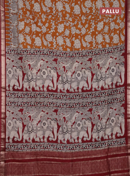 Muslin silk saree dark mustard and maroon with allover kalamkari prints and zari woven border