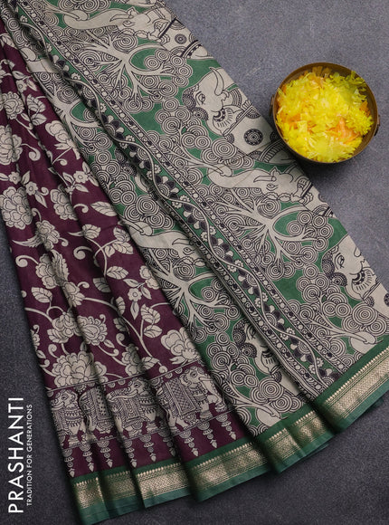 Muslin silk saree wine shade and green with allover kalamkari prints and zari woven border