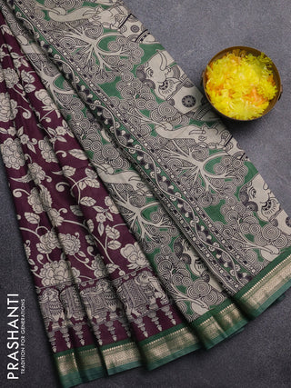 Muslin silk saree wine shade and green with allover kalamkari prints and zari woven border