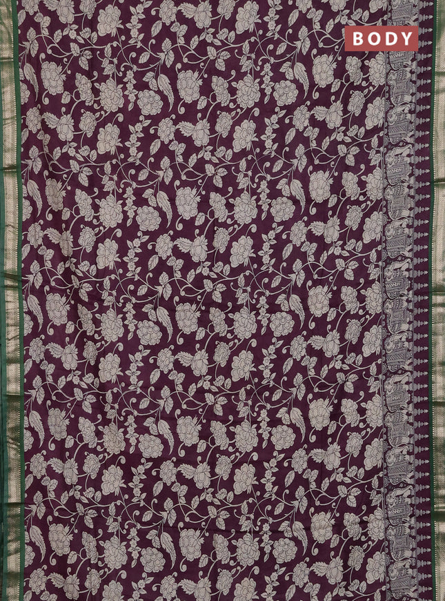 Muslin silk saree wine shade and green with allover kalamkari prints and zari woven border