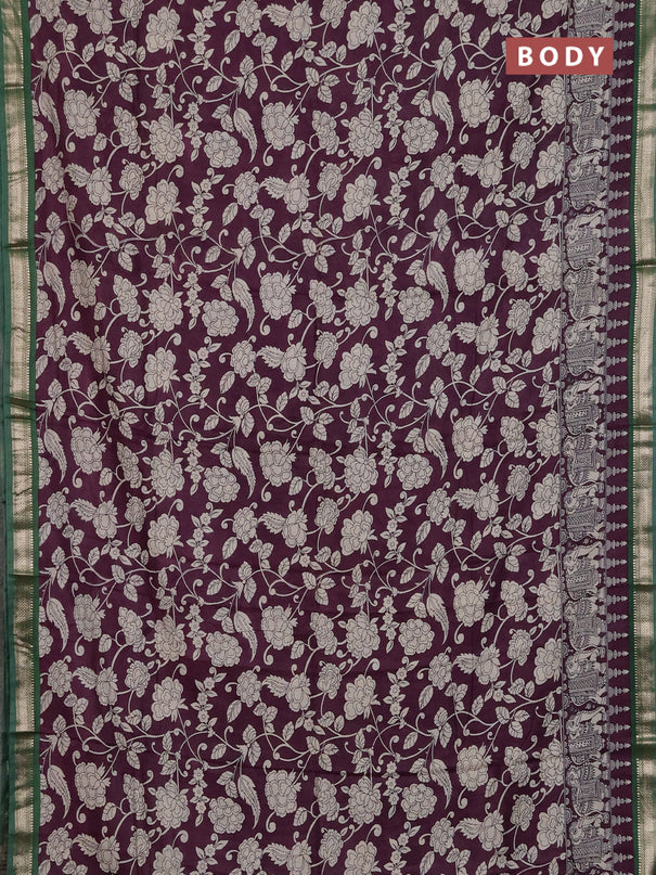 Muslin silk saree wine shade and green with allover kalamkari prints and zari woven border