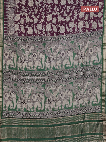 Muslin silk saree wine shade and green with allover kalamkari prints and zari woven border