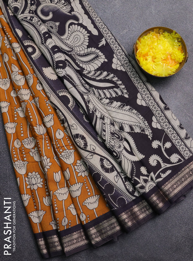 Muslin silk saree mustard yellow and black with allover kalamkari prints and zari woven border