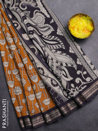 Muslin silk saree mustard yellow and black with allover kalamkari prints and zari woven border