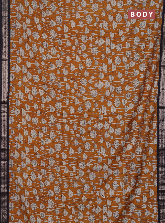 Muslin silk saree mustard yellow and black with allover kalamkari prints and zari woven border
