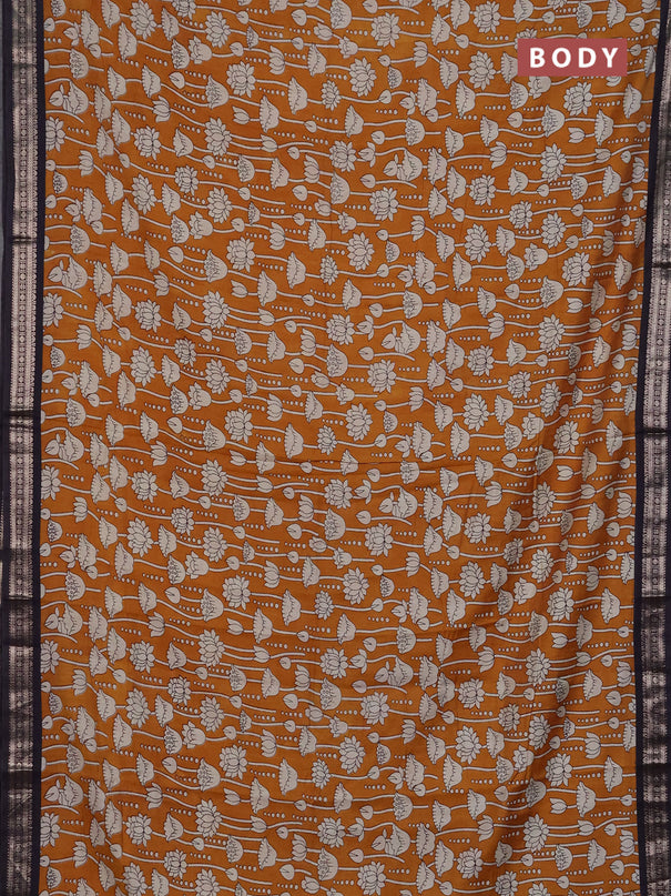 Muslin silk saree mustard yellow and black with allover kalamkari prints and zari woven border