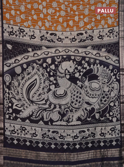 Muslin silk saree mustard yellow and black with allover kalamkari prints and zari woven border
