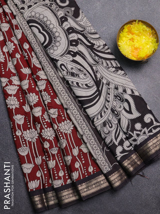 Muslin silk saree deep maroon and black with allover kalamkari prints and zari woven border