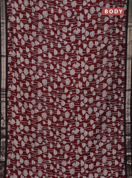 Muslin silk saree deep maroon and black with allover kalamkari prints and zari woven border