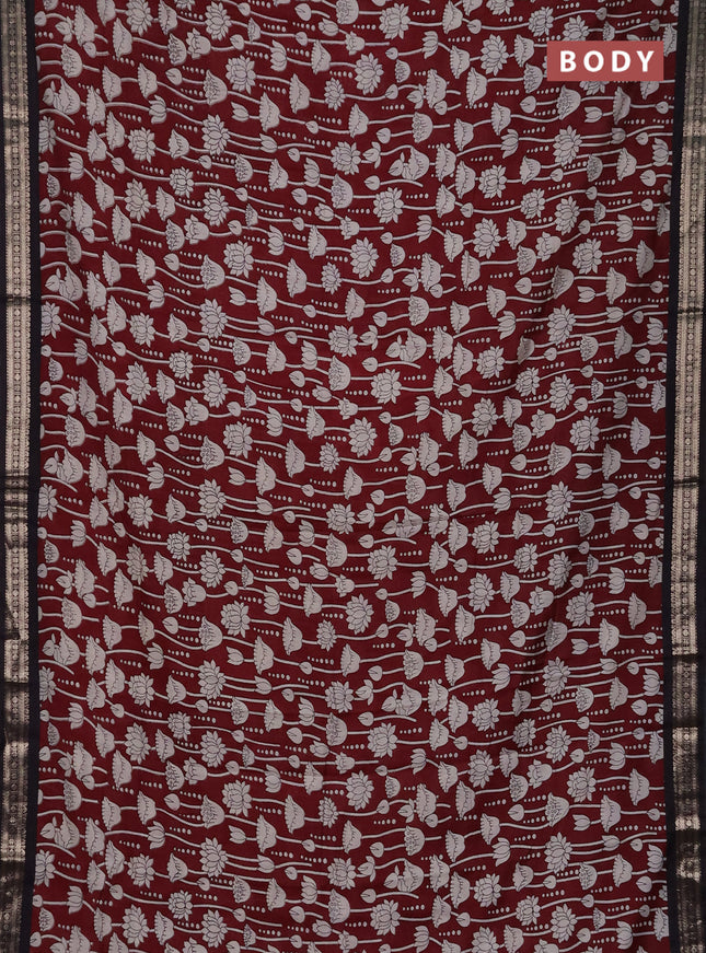 Muslin silk saree deep maroon and black with allover kalamkari prints and zari woven border
