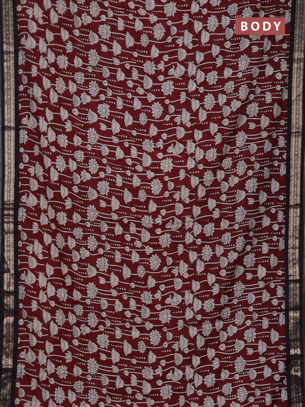 Muslin silk saree deep maroon and black with allover kalamkari prints and zari woven border