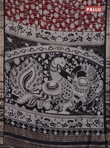 Muslin silk saree deep maroon and black with allover kalamkari prints and zari woven border