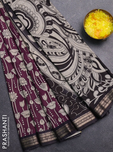 Muslin silk saree deep jamun and black with allover kalamkari prints and zari woven border