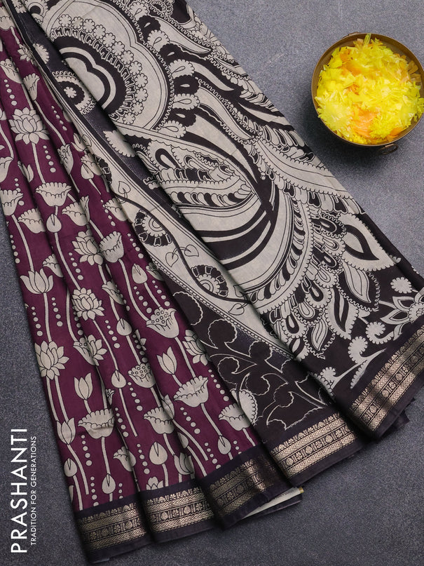 Muslin silk saree deep jamun and black with allover kalamkari prints and zari woven border