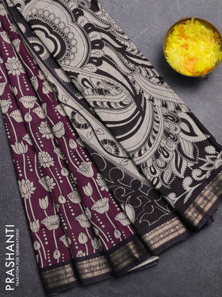 Muslin silk saree deep jamun and black with allover kalamkari prints and zari woven border