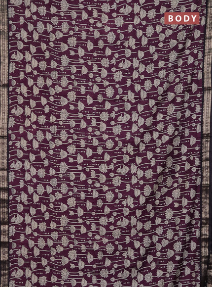 Muslin silk saree deep jamun and black with allover kalamkari prints and zari woven border