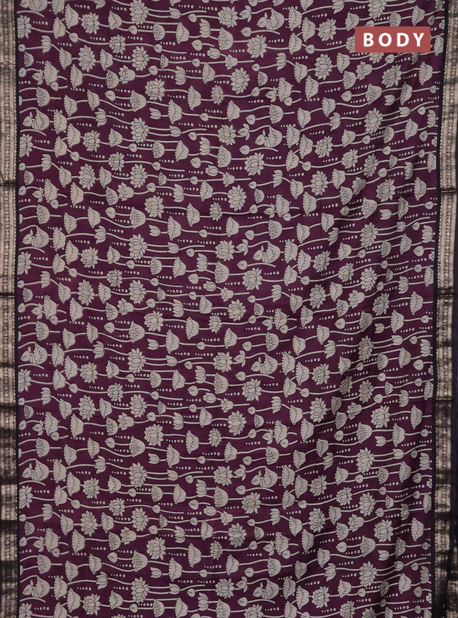 Muslin silk saree deep jamun and black with allover kalamkari prints and zari woven border