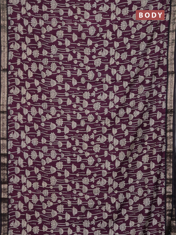 Muslin silk saree deep jamun and black with allover kalamkari prints and zari woven border