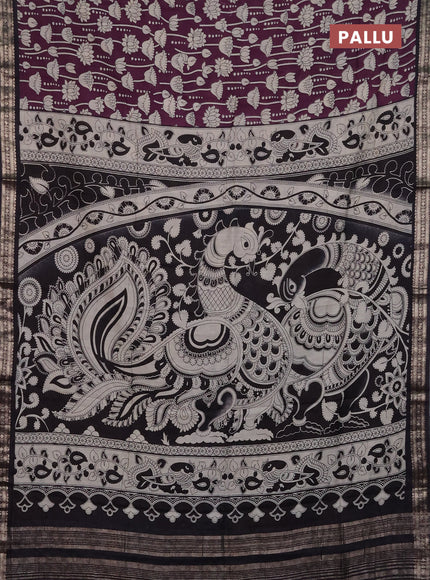 Muslin silk saree deep jamun and black with allover kalamkari prints and zari woven border