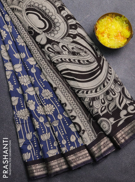 Muslin silk saree blue shade and black with allover kalamkari prints and zari woven border