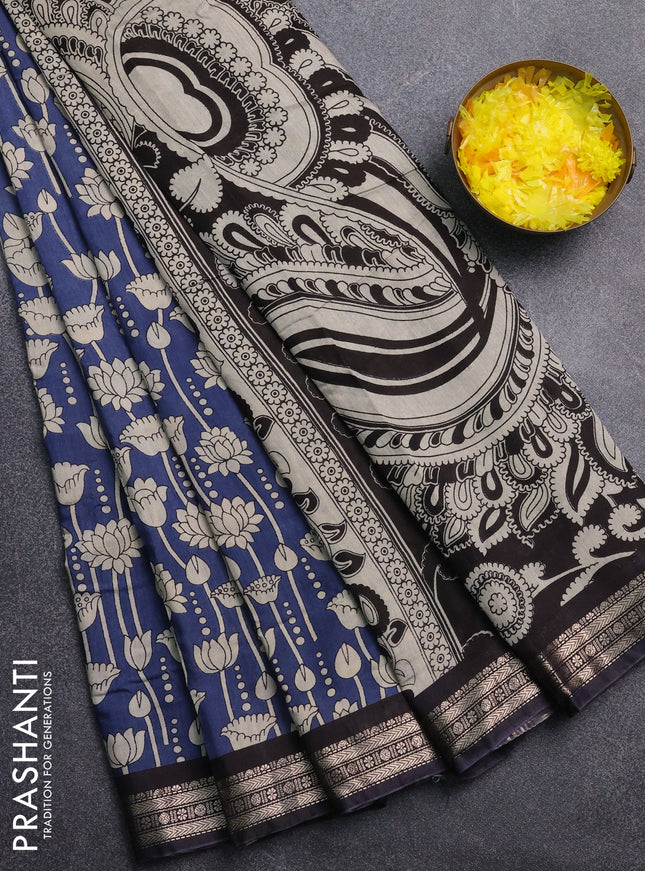 Muslin silk saree blue shade and black with allover kalamkari prints and zari woven border