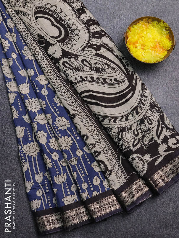 Muslin silk saree blue shade and black with allover kalamkari prints and zari woven border