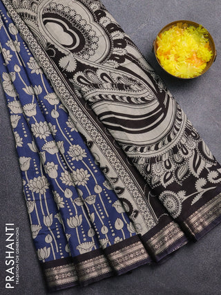 Muslin silk saree blue shade and black with allover kalamkari prints and zari woven border