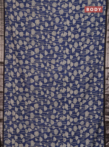 Muslin silk saree blue shade and black with allover kalamkari prints and zari woven border