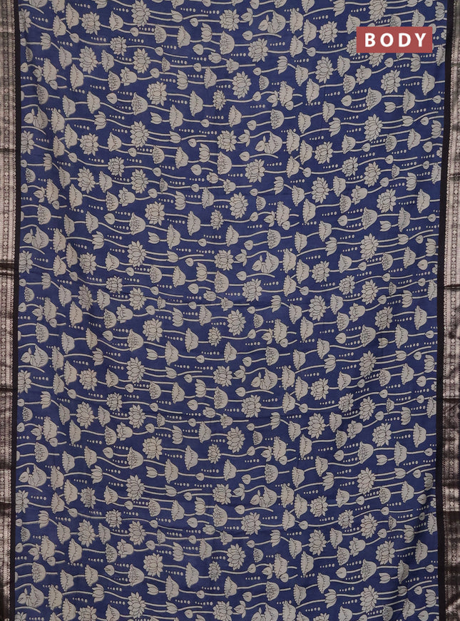 Muslin silk saree blue shade and black with allover kalamkari prints and zari woven border