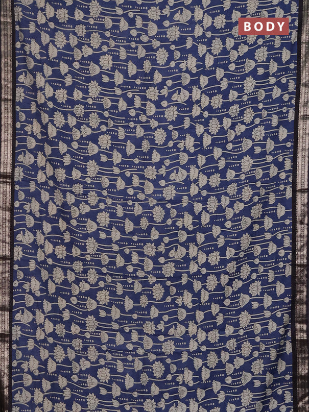 Muslin silk saree blue shade and black with allover kalamkari prints and zari woven border