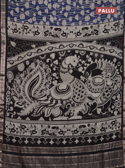 Muslin silk saree blue shade and black with allover kalamkari prints and zari woven border