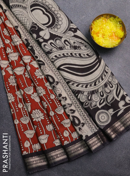 Muslin silk saree rustic maroon and black with allover kalamkari prints and zari woven border