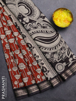 Muslin silk saree rustic maroon and black with allover kalamkari prints and zari woven border