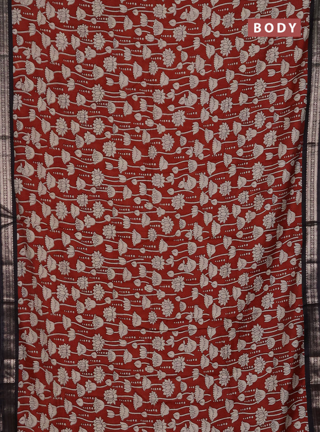 Muslin silk saree rustic maroon and black with allover kalamkari prints and zari woven border