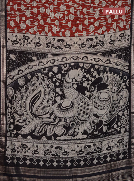 Muslin silk saree rustic maroon and black with allover kalamkari prints and zari woven border