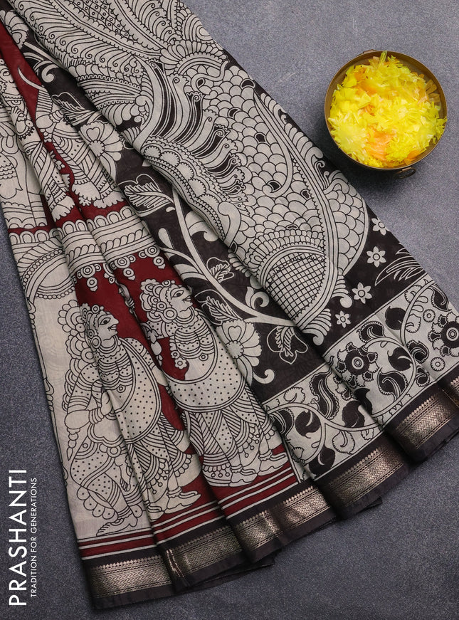 Muslin silk saree deep maroon and black with allover kalamkari prints and zari woven border