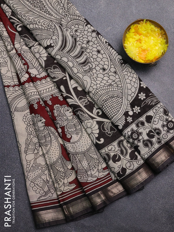 Muslin silk saree deep maroon and black with allover kalamkari prints and zari woven border