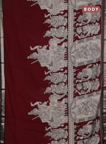Muslin silk saree deep maroon and black with allover kalamkari prints and zari woven border