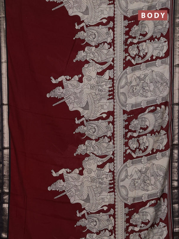 Muslin silk saree deep maroon and black with allover kalamkari prints and zari woven border
