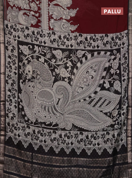Muslin silk saree deep maroon and black with allover kalamkari prints and zari woven border