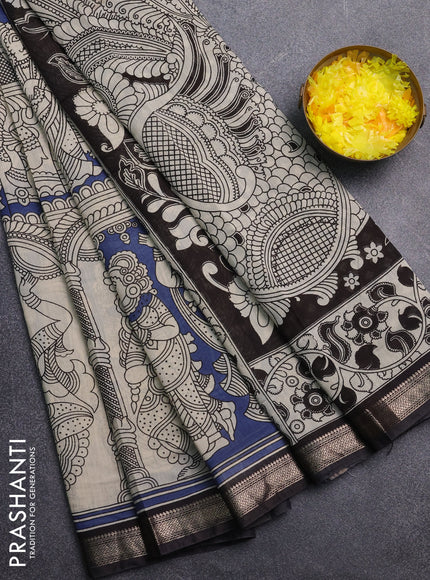 Muslin silk saree blue shade and black with allover kalamkari prints and zari woven border