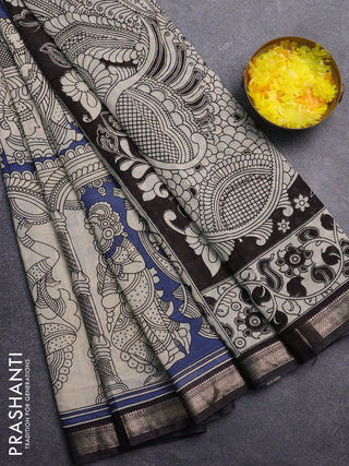 Muslin silk saree blue shade and black with allover kalamkari prints and zari woven border