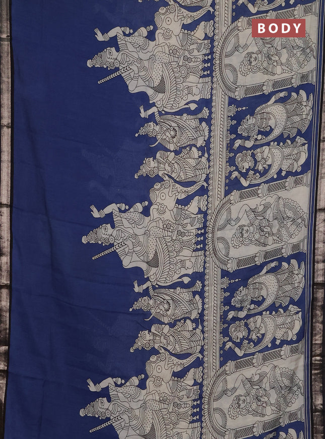 Muslin silk saree blue shade and black with allover kalamkari prints and zari woven border